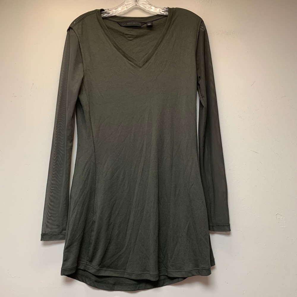Harley-Davidson Tunic Top Womens Small Olive Green Excellent Mesh Sleeve 96619-